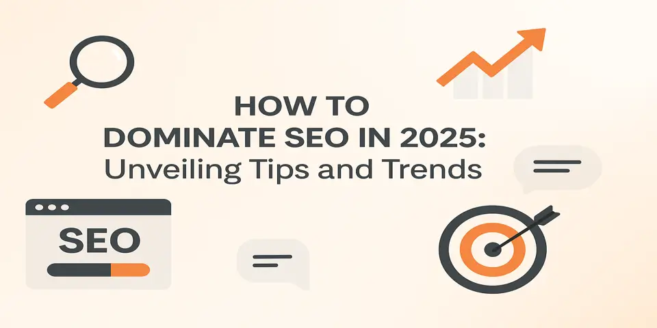 SEO trends visual with data icons and growth chart on a gradient background.
