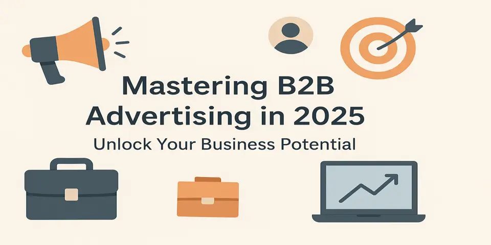 B2B advertising visual with icons for business growth strategies
