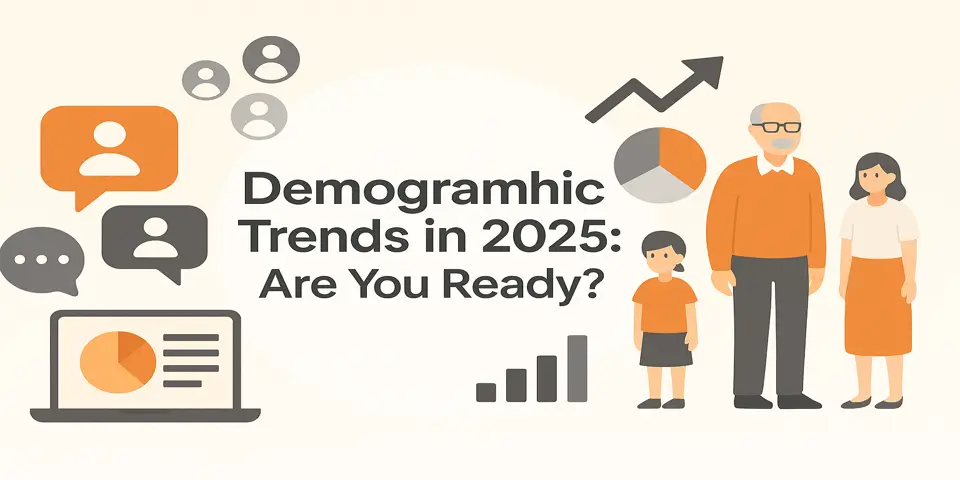 Title graphic showing demographic trends in 2025 with people and icons.