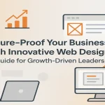 Website layout elements with icons representing growth, security, and design.