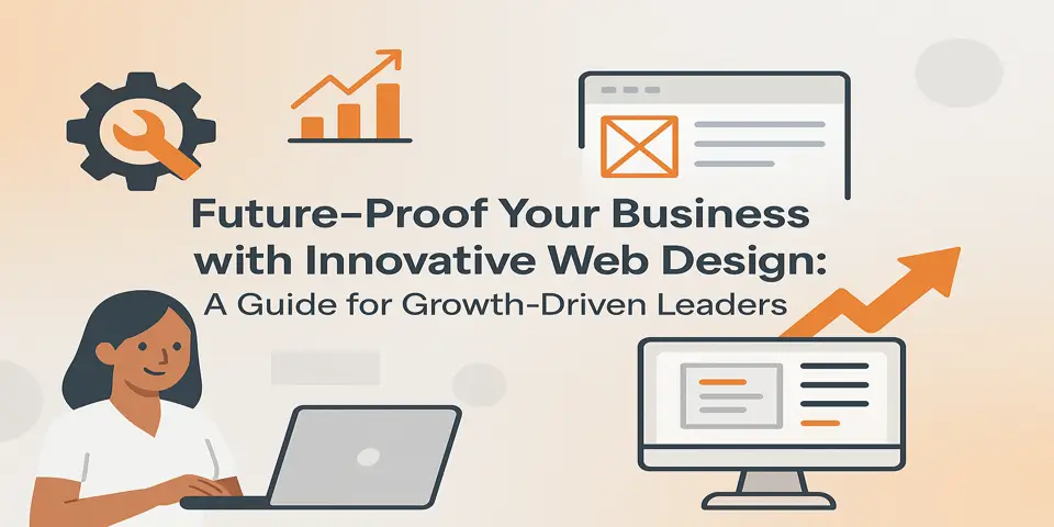 Website layout elements with icons representing growth, security, and design.