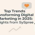Flat-style layout showing digital marketing trends with charts and icons.