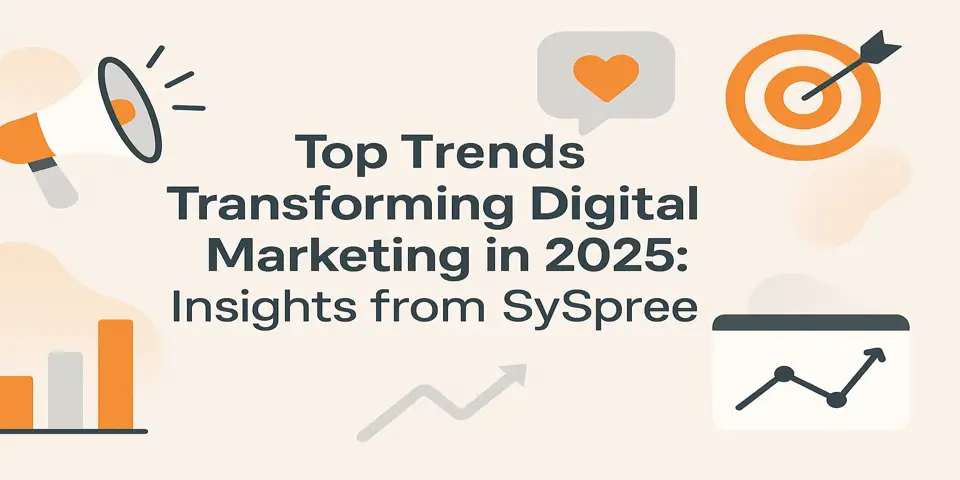Flat-style layout showing digital marketing trends with charts and icons.