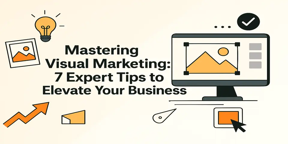 Blog title surrounded by design icons like camera, light bulb, and charts