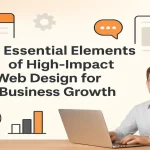 High-impact web design concept visualized with UI icons and business elements.