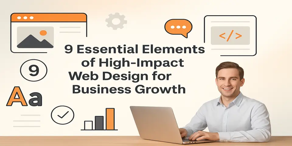 High-impact web design concept visualized with UI icons and business elements.