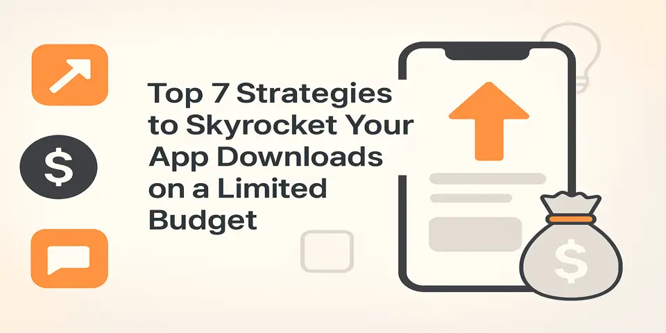Mobile screen and icons representing app installs and growth strategies.