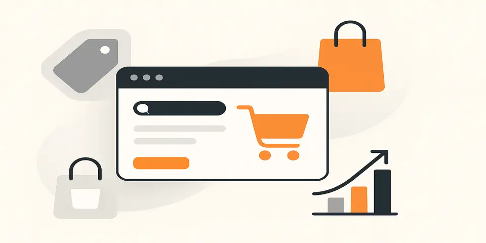 Abstract shopping icons including basket, cursor, graph, and sale tag