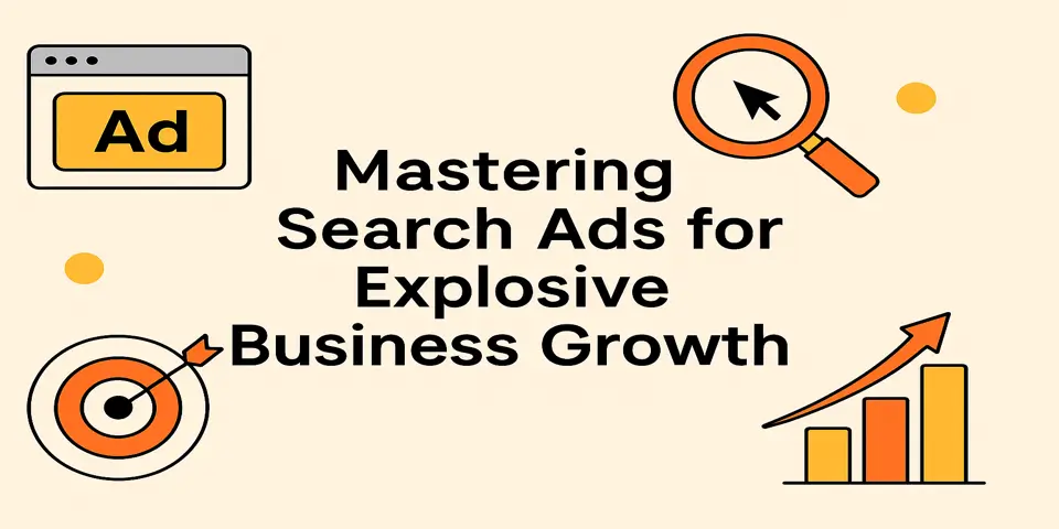 Search ad icons surrounding a bold title for digital marketing strategy