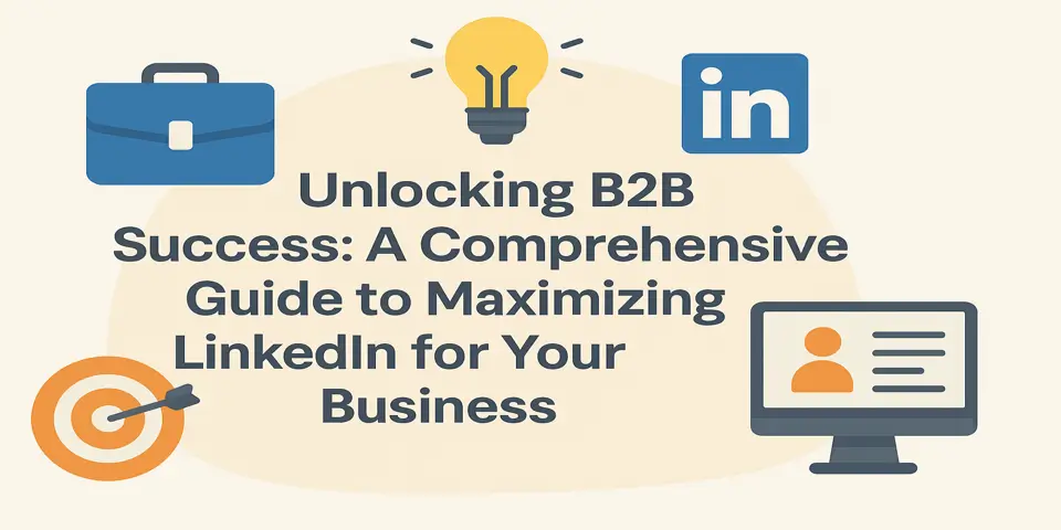 Centered LinkedIn B2B success title surrounded by business icons.