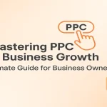 Infographic featuring PPC elements like charts, dollar icons, and search tools.