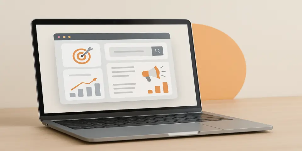  Laptop displaying SaaS marketing dashboard with performance charts and icons