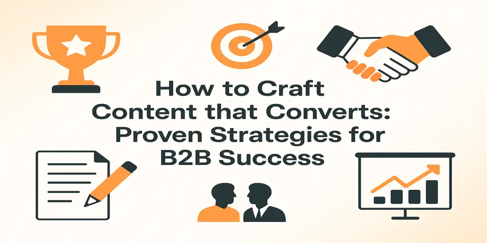 Visual summary of B2B content strategy featuring goal, handshake, and chart icons.