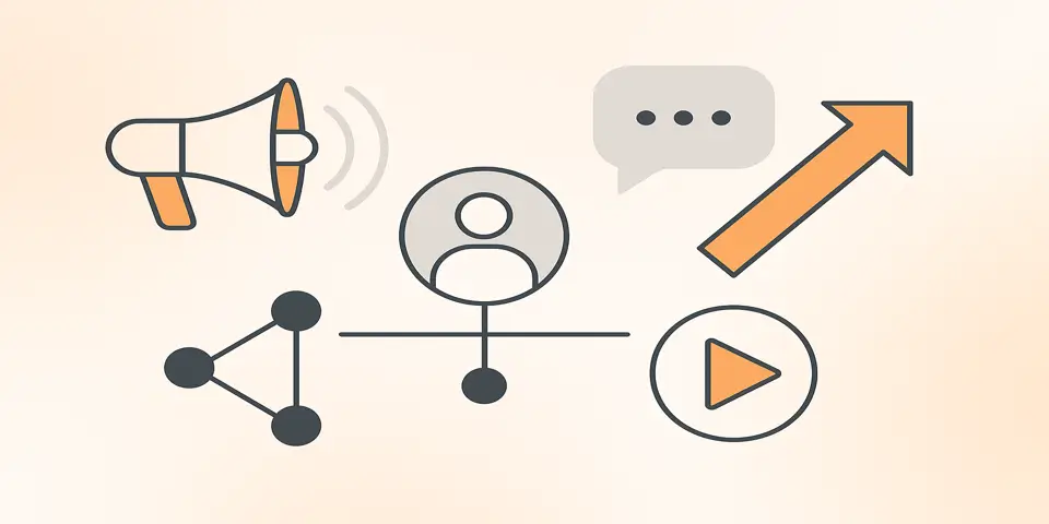  Minimalistic icons and abstract shapes symbolizing viral marketing concepts.