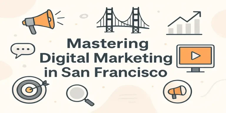 Professionals collaborating on a digital marketing strategy in a modern office.