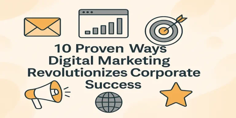 Digital marketing success concepts with icons surrounding the blog title.