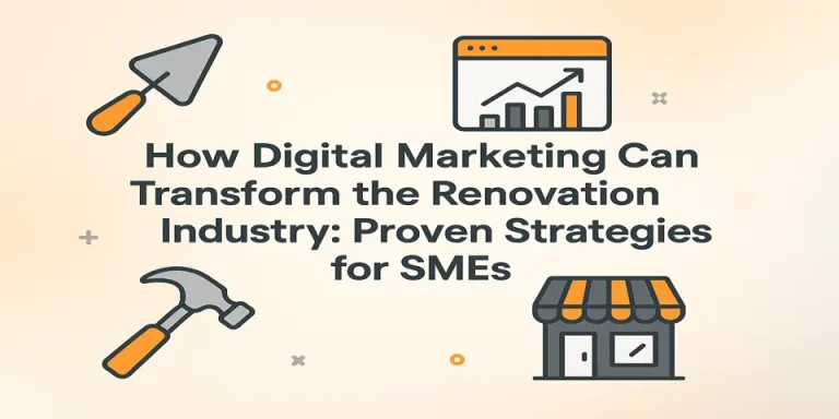Promotional banner with title and icons representing digital marketing for renovation.