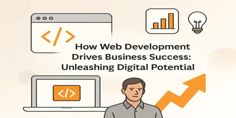 Headline surrounded by icons representing digital tools and business growth.