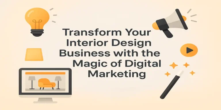 Title-focused graphic with icons representing digital marketing and interior design.