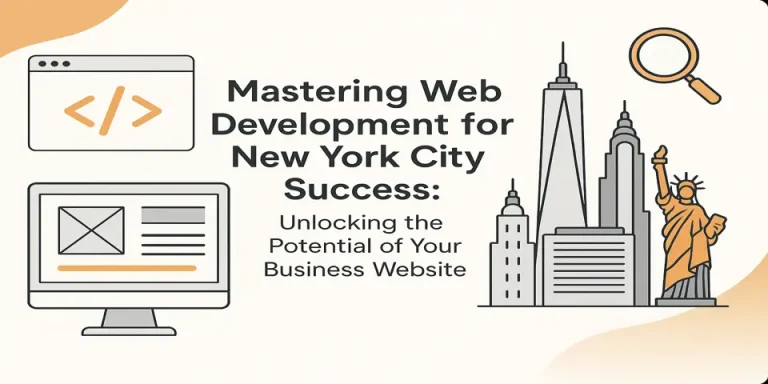 web development success banner featuring new york skyline and browser icons