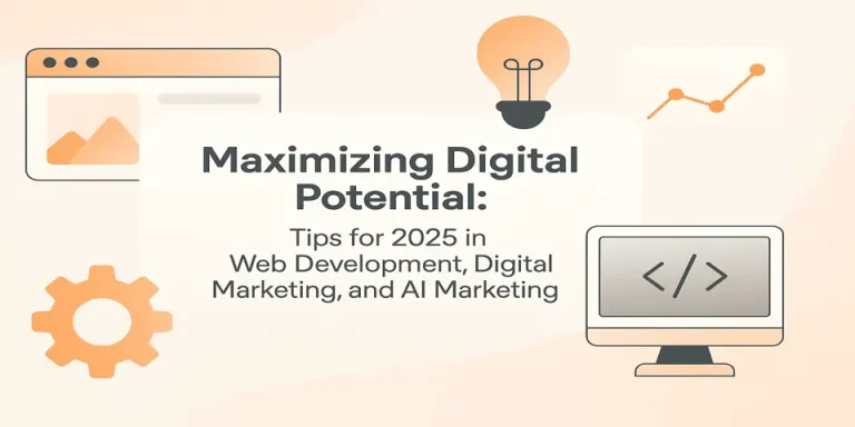 Centralized title with digital icons symbolizing web and AI strategies in 2025.