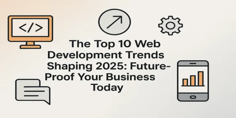 Centralized blog title surrounded by modern icons showcasing web development trends in 2025