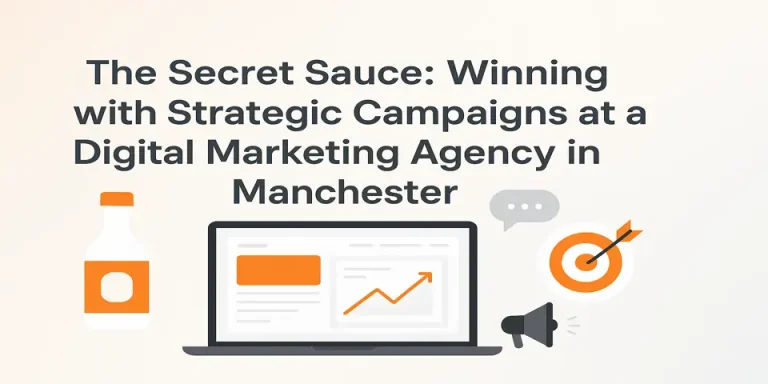 Confident marketer standing beside a victory-themed symbol representing campaign success
