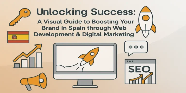 Title surrounded by icons representing digital marketing for boosting your brand in Spain