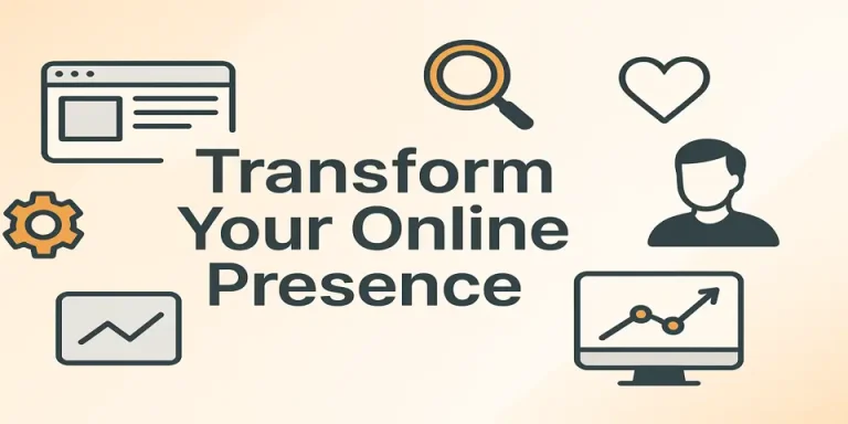 Title "Transform Your Online Presence" surrounded by icons related to enhancing online presence tips