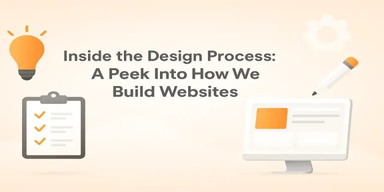 Modern web design process illustration with digital tools and UI layout visuals.