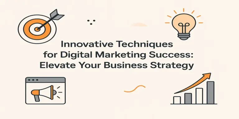 Creative workspace layout highlighting innovative digital marketing tips with connected devices and charts.