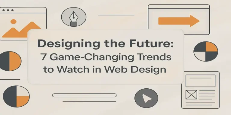 Modern web design layout with central title and UI icons in orange and grey tones.