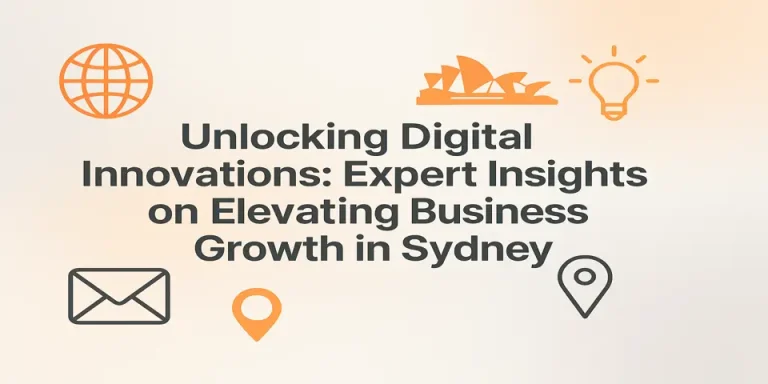 Business growth headline surrounded by icons representing innovation and Sydney landmarks.