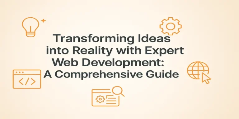 Web development transformation title surrounded by concept icons on a clean background.