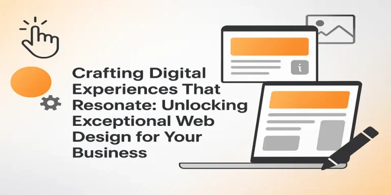 Modern digital experience design with central title and abstract elements.