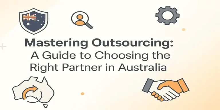 Blog title with icons of partnership, Australia map, and growth visuals highlighting outsourcing in Australia.