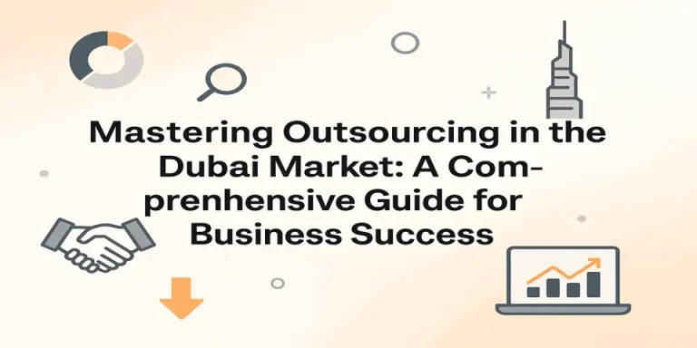 Blog title centered with Dubai icons and growth visuals highlighting outsourcing in Dubai market.