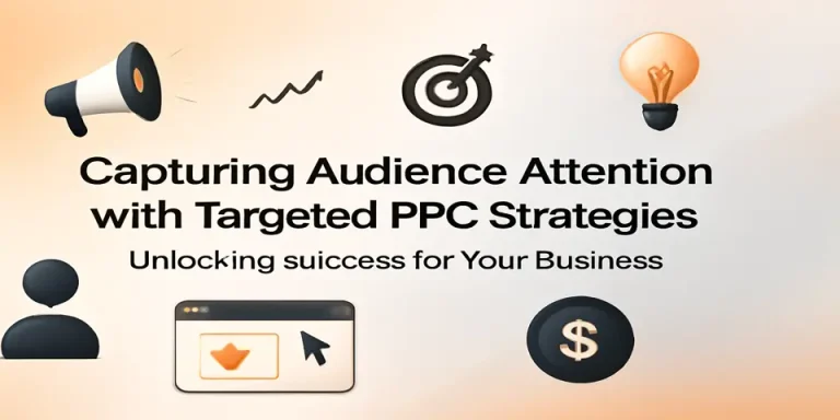 Visual representation of a marketing strategy with PPC elements like megaphone, target, and dollar sign