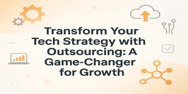 Blog title with technology icons and growth visuals showcasing tech strategy outsourcing.