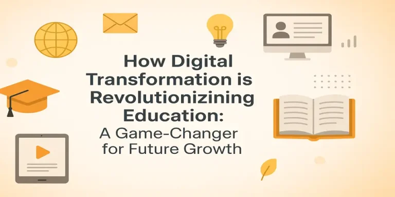 Digital transformation in education highlighted with central blog title and icons
