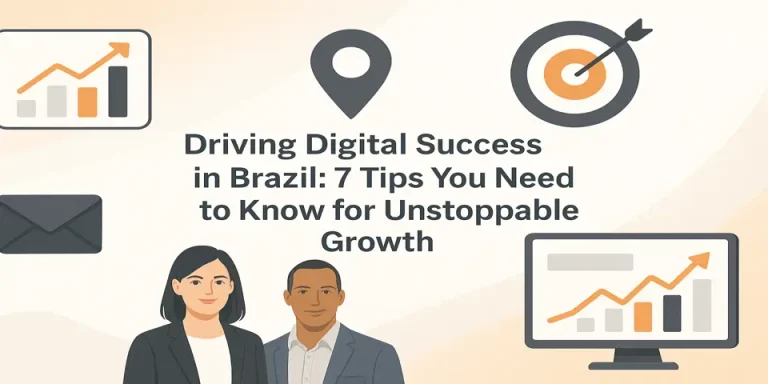 Brazilian professional smiling while working on digital strategy at a laptop.