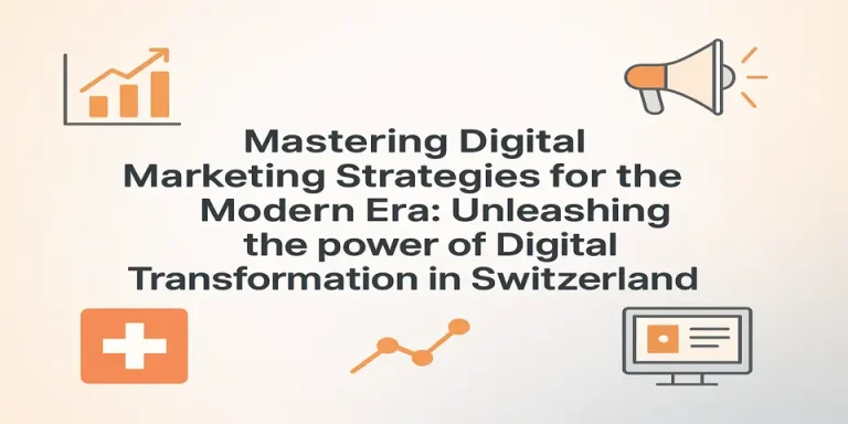 Centered title with marketing icons and Swiss flag elements around it.