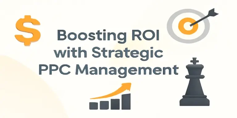 Boosting ROI with strategic PPC management using icons like dollar sign, target, and graph