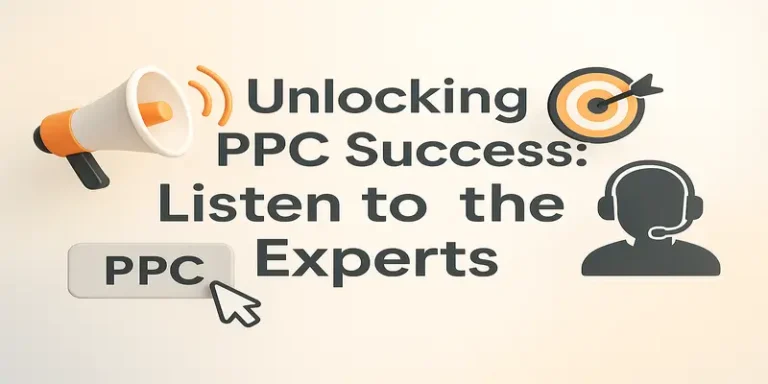 Promotional graphic with central text highlighting PPC success strategies