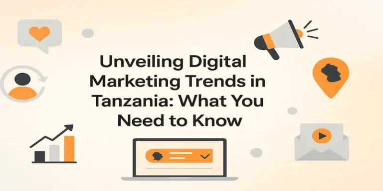 Centered blog title surrounded by icons for SEO, email marketing, analytics, and Tanzanian location.