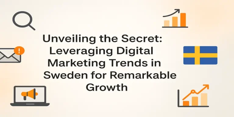 Centered blog title with icons showcasing digital marketing trends in Sweden.