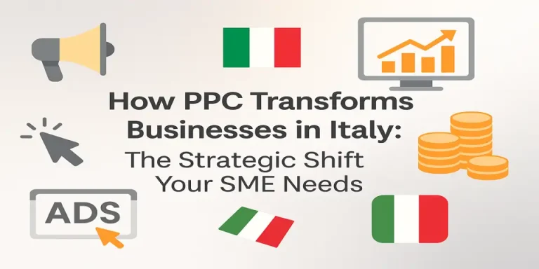 PPC in Italy featured image with ads, coins, and Italian flag