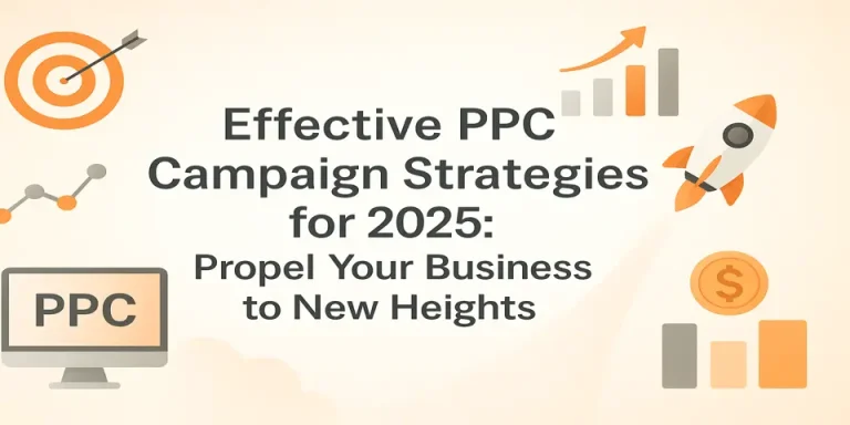Blog title centered with PPC icons, rocket, charts, and targets for effective ppc campaign strategies