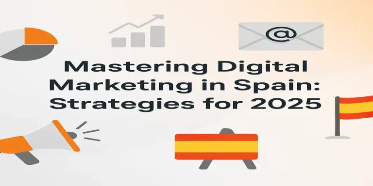 Mastering digital marketing in Spain with strategy icons and Spanish flags.