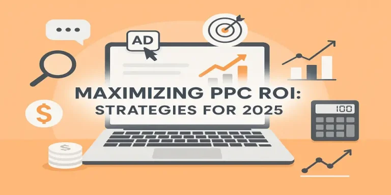 Centered title with surrounding marketing-related objects in clean gradient design to maximize ppc roi